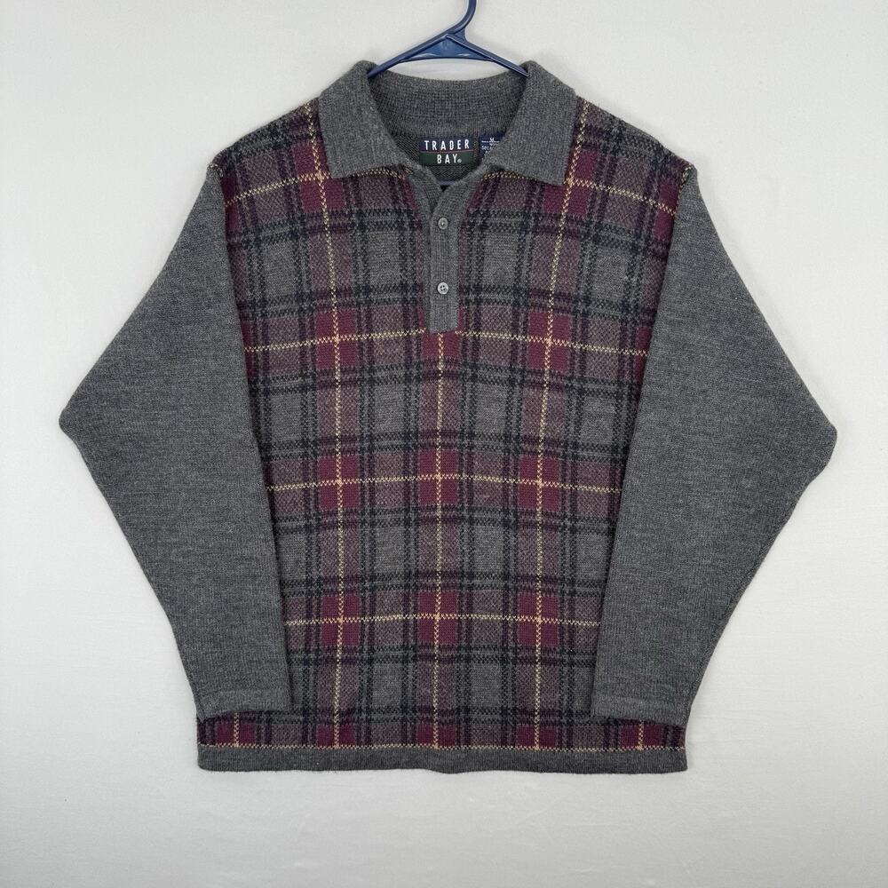VTG Trader Bay Mens M Sweater Golf Plaid Red Gray Knit Merino Wool Blend Preppy